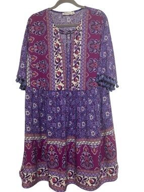 Rusttydustty Boho Floral Tiered Dress - Purple/Pink - V-Neck - Size 2X